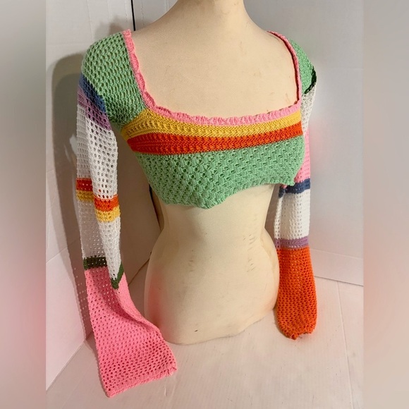 Colorblock Crochet pullover Crop knit top crochet Swim cover breathable Small - Picture 2 of 8